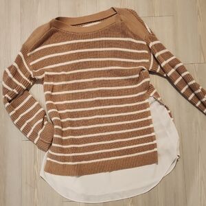 LOFT Camel and White Striped Crewneck Sweater with Faux Layer